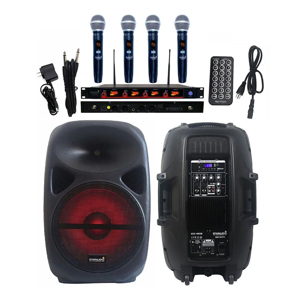 

STARAUDIO 2500W DJ 15 Inch PA Powered Stage Bluetooth Active LED Light Speaker 4 Channel UHF IR Wireless Handheld Mic SCS-15RGB