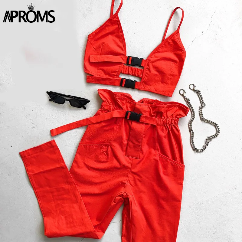 

Aproms Solid Color Crop Top and Pants Button Fly Women Two Pieces Sets Casual High Waist Pants Button Pockets Tanksuits Female