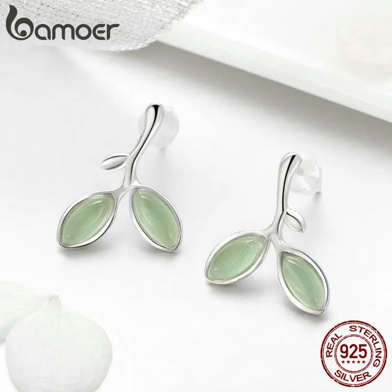 BAMOER Real 925 Sterling Silver Hope Leaves Tree Green Buds Small Stud Earrings for Women Authentic Silver Jewelry SCE465 - Image 5