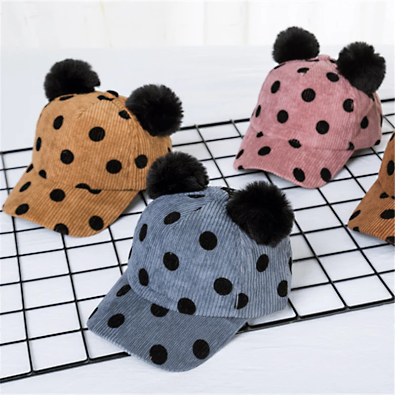 Dots Baby Baseball Hat Toddler Boy Girl Visor Cap Wide Brim Children Pompom Cap Corduroy Warm Fabrics Adjustable Size Infant Hat (7)
