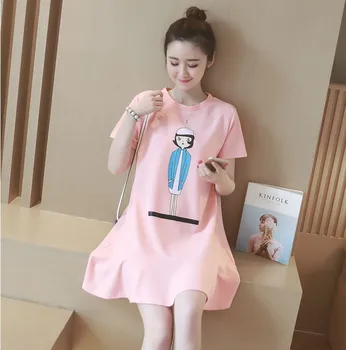 

2019 Summer Maternity Clothes Fashion Pregnancy Women Dress Short Sleeve Black Design Cotton Linen Casual Print Cartoon Pattern