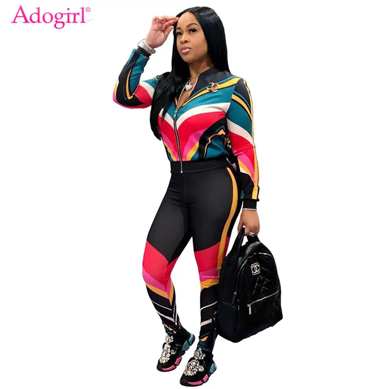 Adogirl Contrast Color Stripe Women Tracksuit Zipper Long