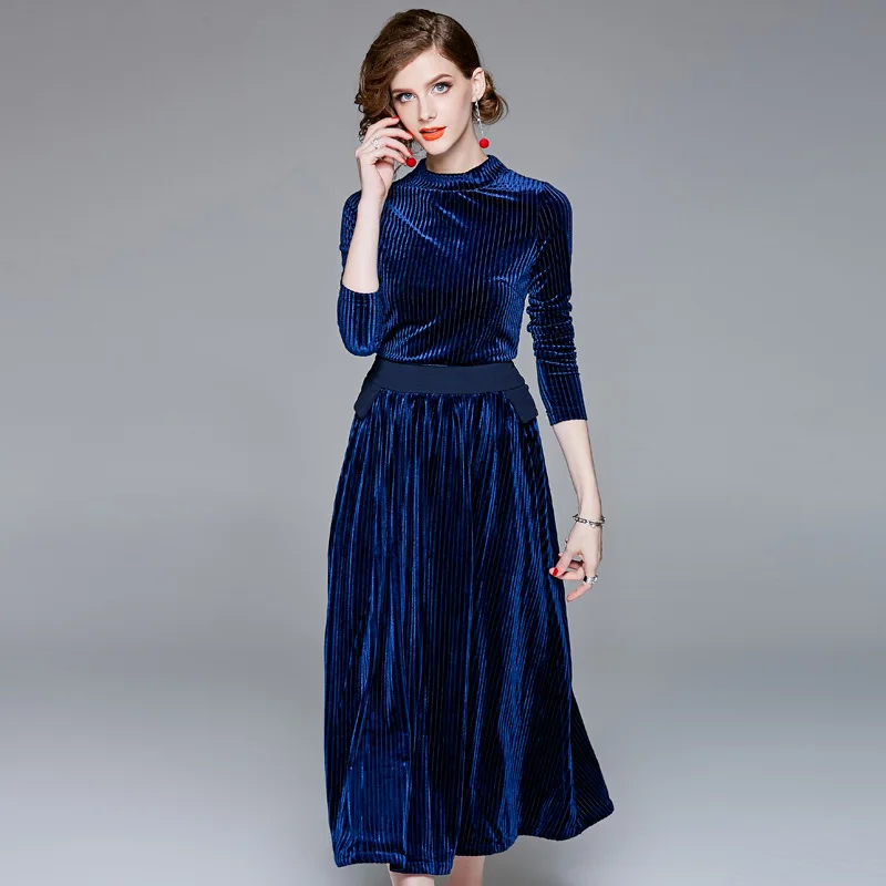 two piece set Autumn Gold Velvet Suits 2018 Women Navy
