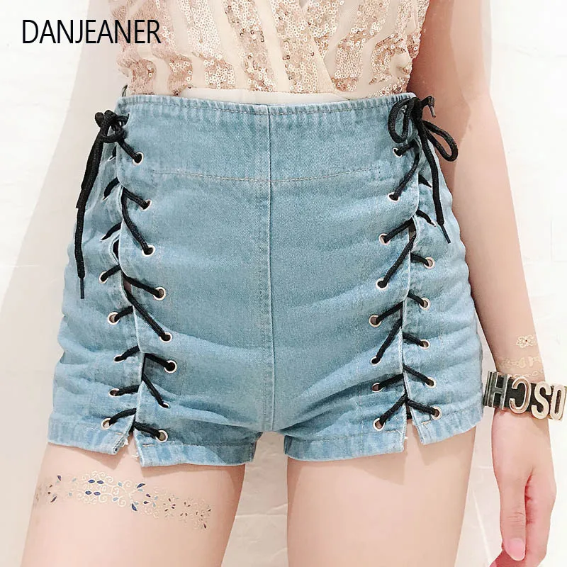 

DANJEANER Shorts Women Summer High Waist Denim Shorts Sexy Lace Up Short Pants Women's Blue Tie Straps Denim Jeans Plus Size