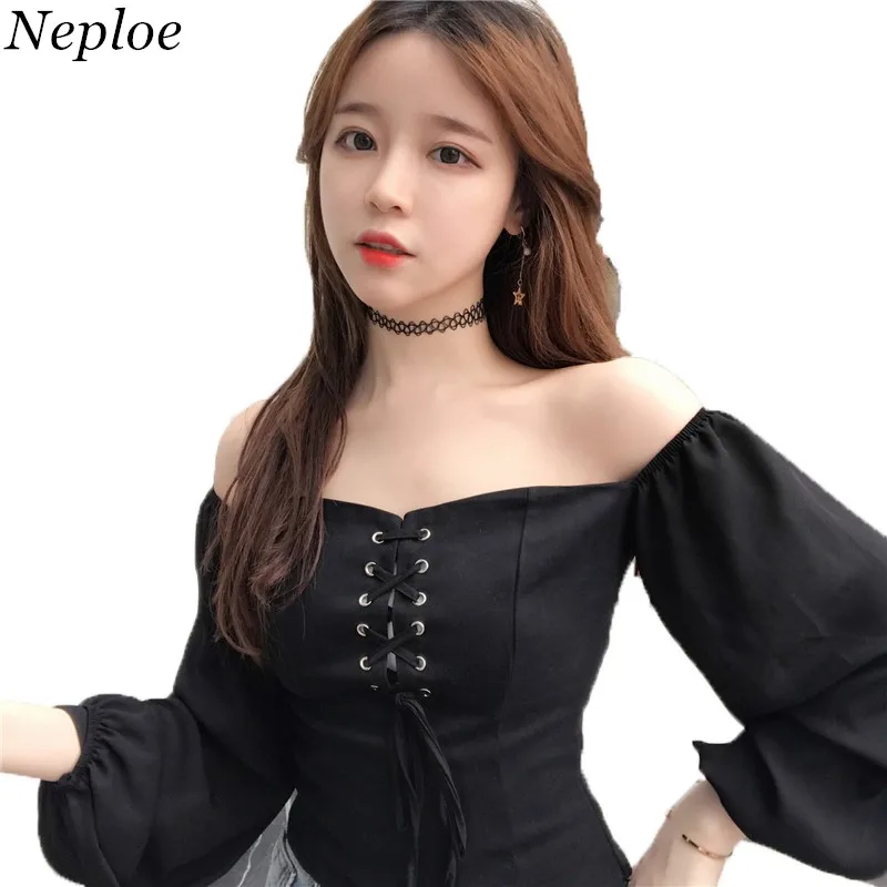 

Neploe Sexy Slim Slash Neck Women Blusas 2019 Spring Newly Fashion Solid Shirts Puff Sleeve Elegant Lacing Ladies Blouse 66841