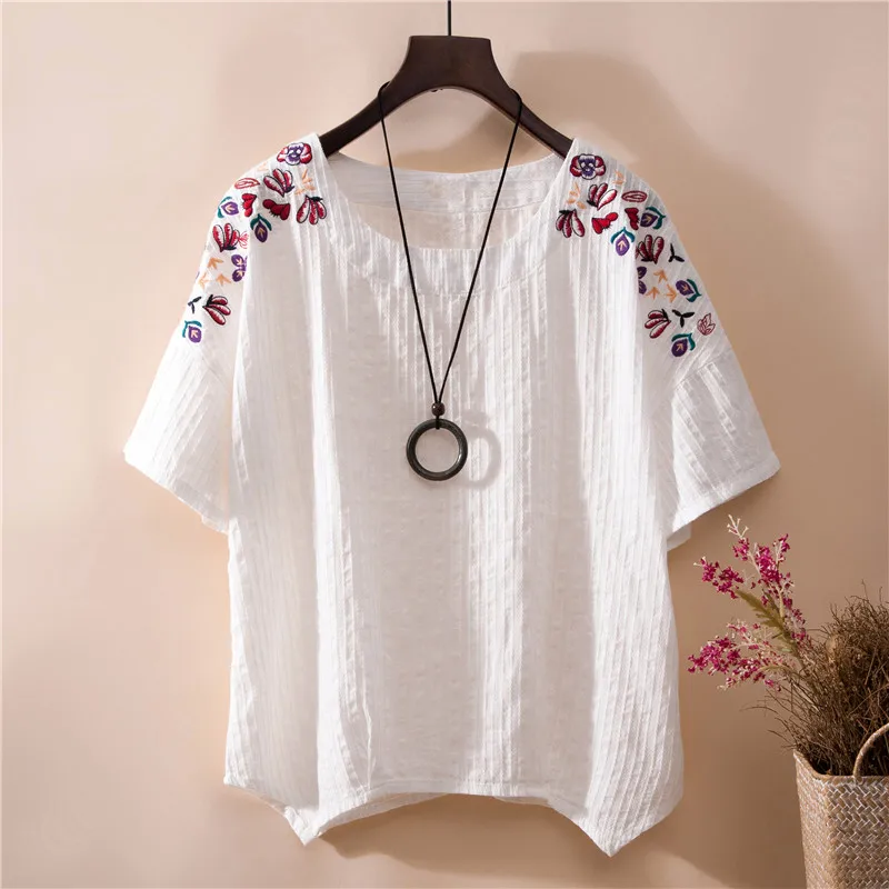 

Ethnic Vintage White Floral Embroidered Blouses For Women Loose Shirt Woman Cotton Linen Top Casual Blusas plus size XXXL yellow