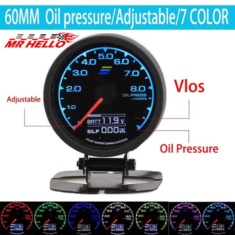 Greddi Oil Press Gauge 7 Light Colors Lcd Display With Voltage Oil
