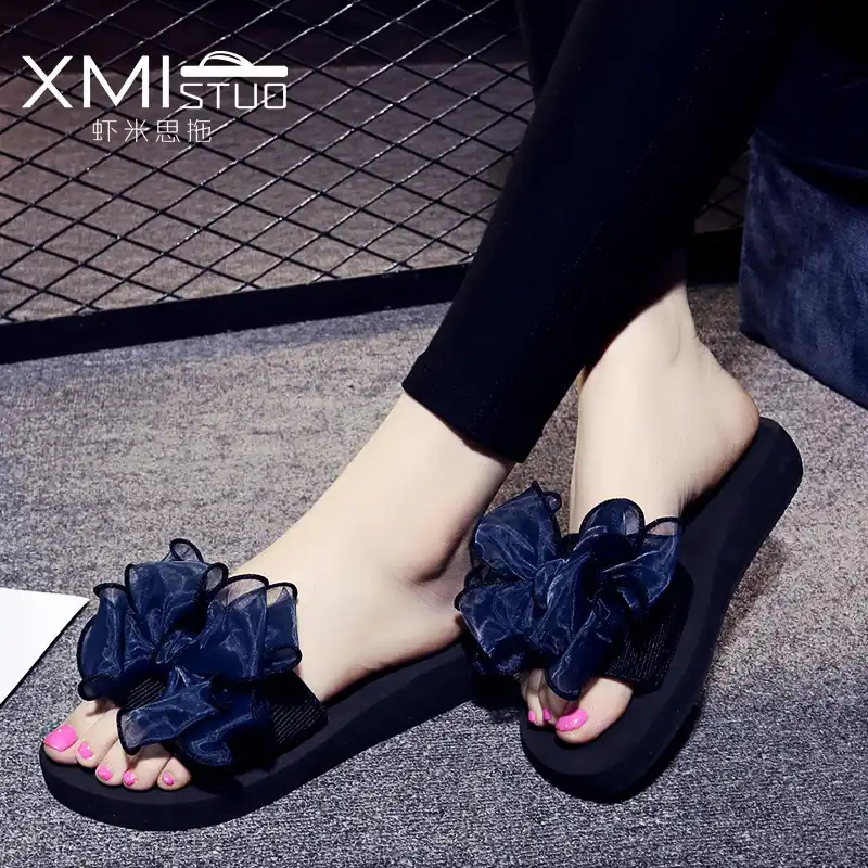 Women Flat Platform Wedges Slippers Genuine Leather Peep Toe Slip-On Shoes Casual Outside Beach Sandals