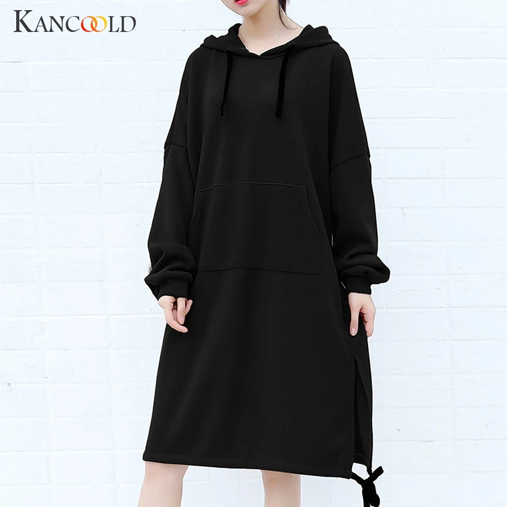 KANCOOLD Dress Women Casual Long Sleeve Loose Solid Dress Pullover