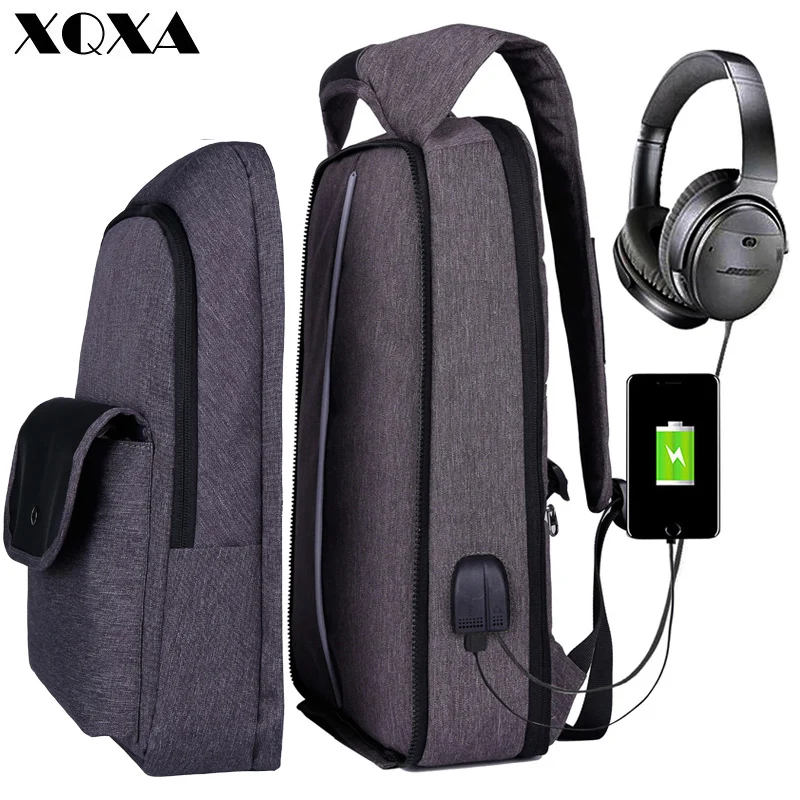 

XQXA USB Backpack 17.3" Men Laptop Bagpack Patchwork Women Back Pack Bag Water-Resistant Oxford School Bag for Teenagers
