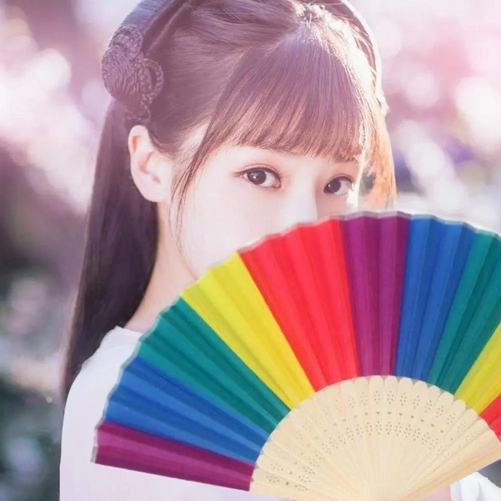 

7-inch Bamboo Rainbow fan Folding Summer Accessory For Dance Decoration Wedding Birthday Party Gift Memory Rainbow