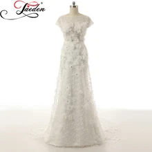 JAEDEN Lace Tulle Long Wedding Dresses Scoop Neck Crystals Lace Handmade Flowers A Line Sexy Back 2017 Cap Sleeves Bridal Gowns