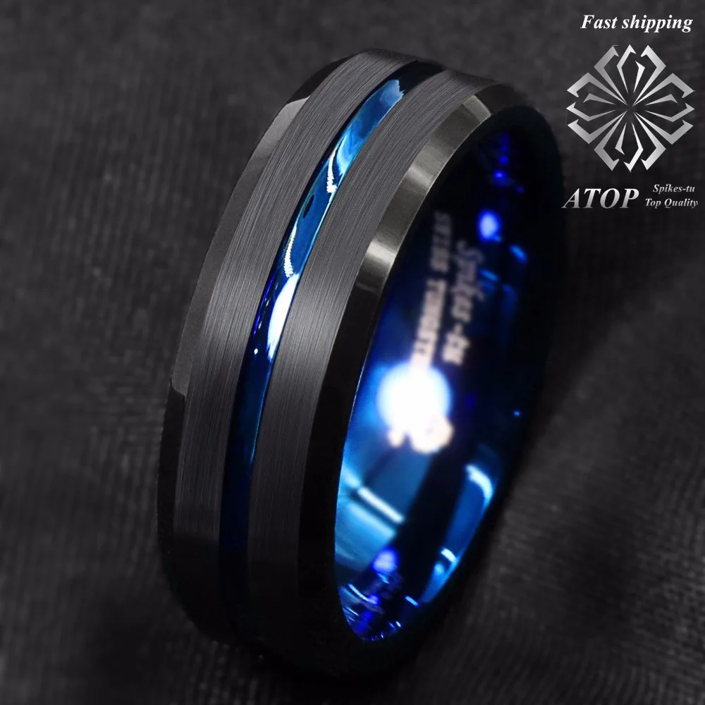 8mm Tungsten Men's Ring Thin Blue Line-Inside Black Brushed Band ATOP Jewelry