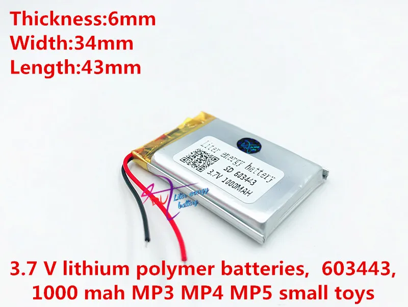3 7 V 1000mAH [603443] PLIB Полимерный литий-ионный/литий-ионный аккумулятор для DVR GPS mp3 mp4 toy