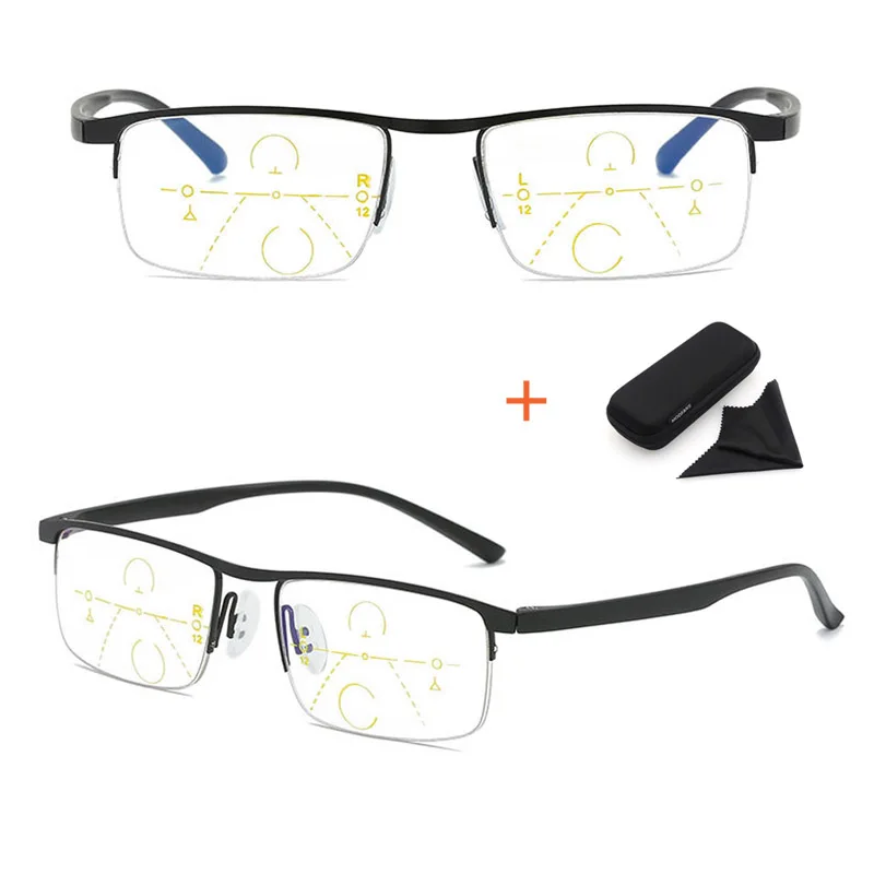 Мультифокальные синий светильник, блокирующие очки для чтения, прогрессивные очки для мужчин и женщин, оправа из титанового сплава, оптические очки с переходом - Цвет оправы: Черный