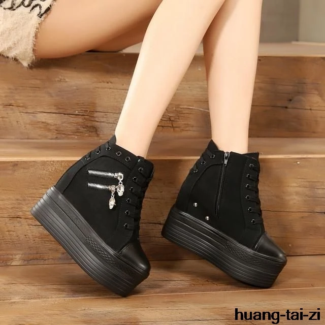 

New 12cm High Heels Shoes Casual Canvas Shoes platform Wedges High Top Ladies Hidden Wedge Heels Elevator Shoes