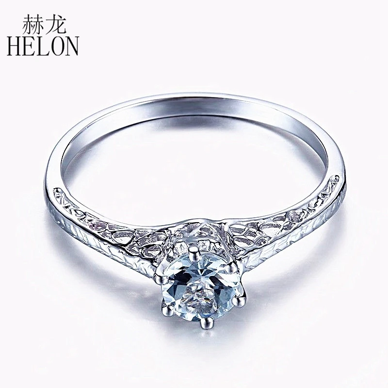 

HELON Solid 14K White Gold Round 4.5mm Natural Aquamarine Art Deco Vintage Solitaire Ring Engagement Aquamarine Gemstone Ring