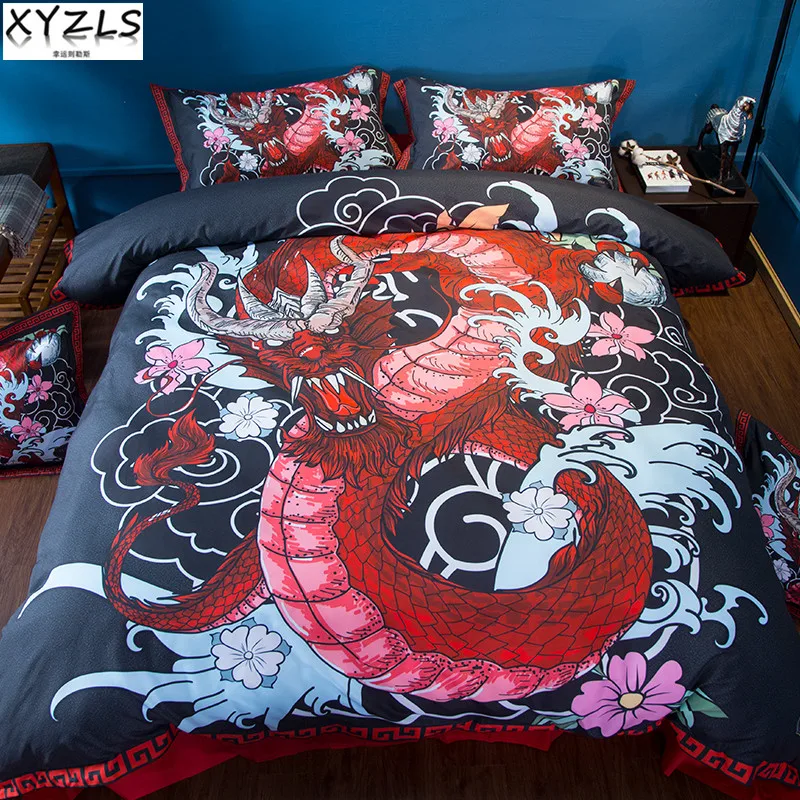 XYZLS Red Dragon Queen Cotton Bedding Set Chinese Style Bed Linings