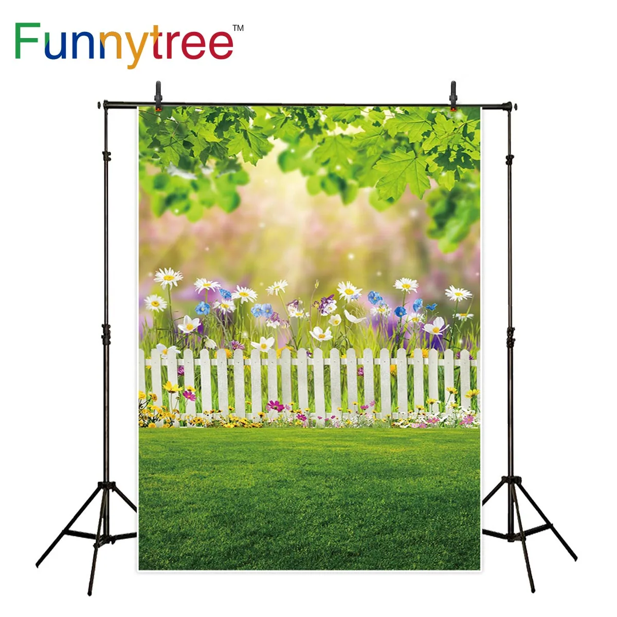 

Funnytree spring photography background flower green garden fence easter backdrop photocall fabric photophone shoot prop fabric