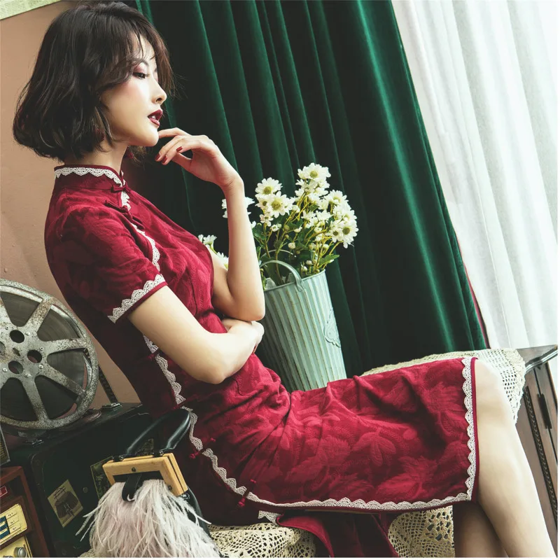 Sheng Coco Lace-lined Cotton Fashion Cheongsam Dresses Summer Shanghai Retro Dark Red New Novelty Qipao Chinese Dresses Vestido