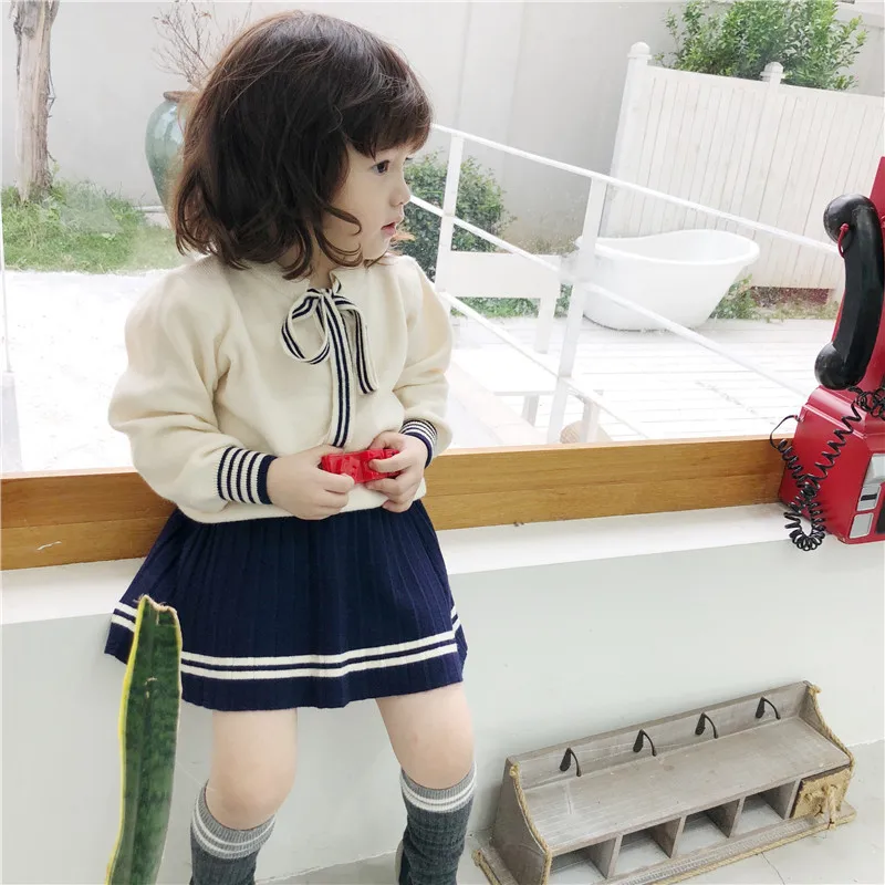 Autumn and Winter New Girls College Skirt Suits Little Kids Wind Wool Rabbit Sweaters Sets Toddler Baby Long Sleeve Clothes