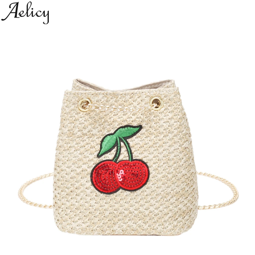 

Aelicy Women's Straw Bags Cute Cherry Bucket Bag Casual Chain Shoulder Shoulder Messenger Bags Beach Messenger Bag