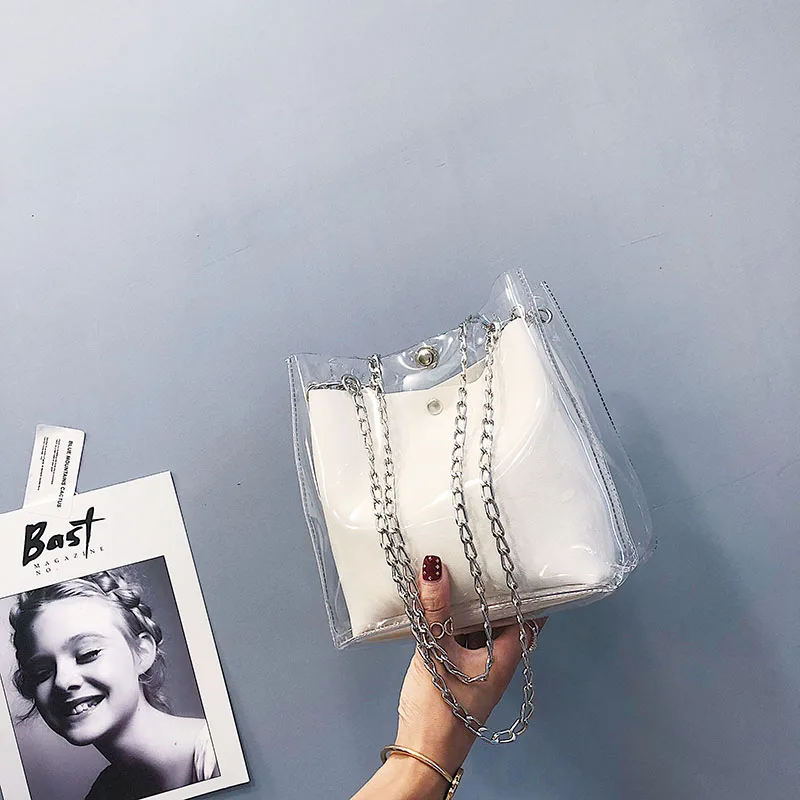 Women Small Bucket Bags Plastic Transparent Totes Composite Chain Bag Female Mini Jelly Handbags White