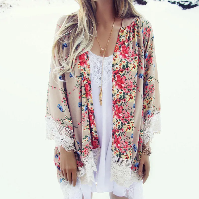 Summer Shirt Women 2017 Woman Chiffon Blouse Long Shirts Lace Patchwork Loose Kimono Floral Print Chiffon Blouse and Shirt