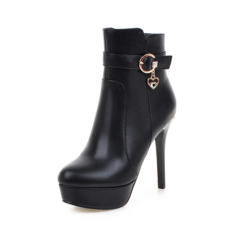 WETKISS/женские ботильоны на высоком каблуке; обувь с круглым носком, украшенная кристаллами; зимние женские ботинки из искусственной кожи; вечерние модные туфли на платформе; женская обувь; - Цвет: Черный