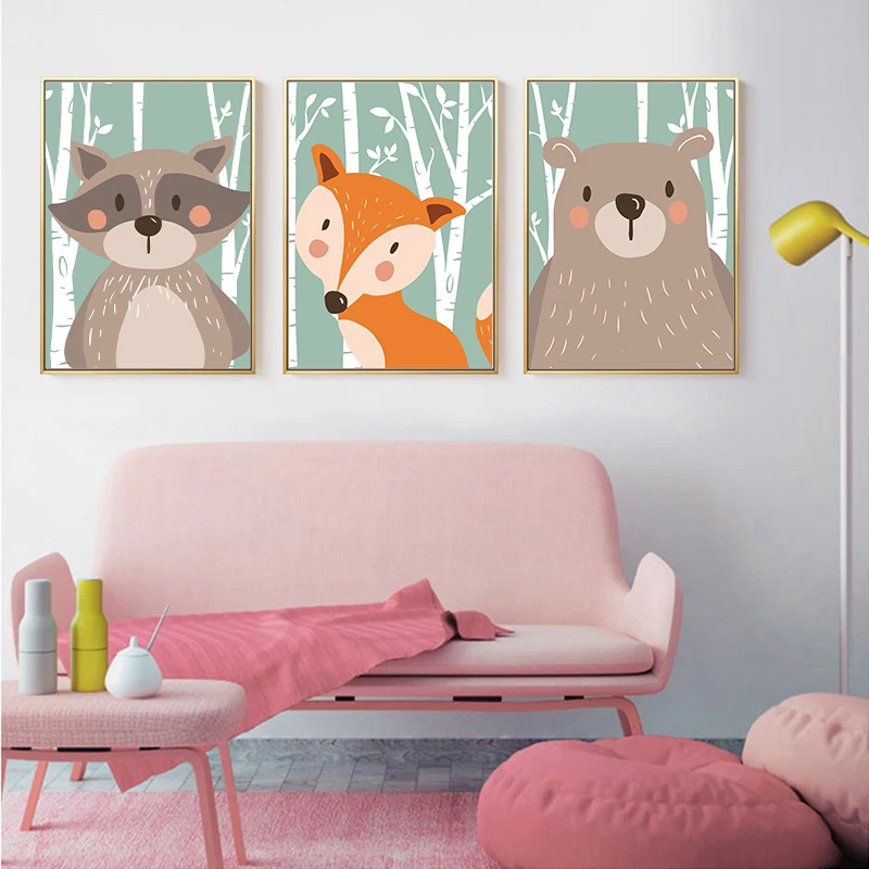 

FGHGF Nordic Kawaii Forest Animal Canvas Painting Art Print Picture Wall Children's Bedroom Living Room Home Decor