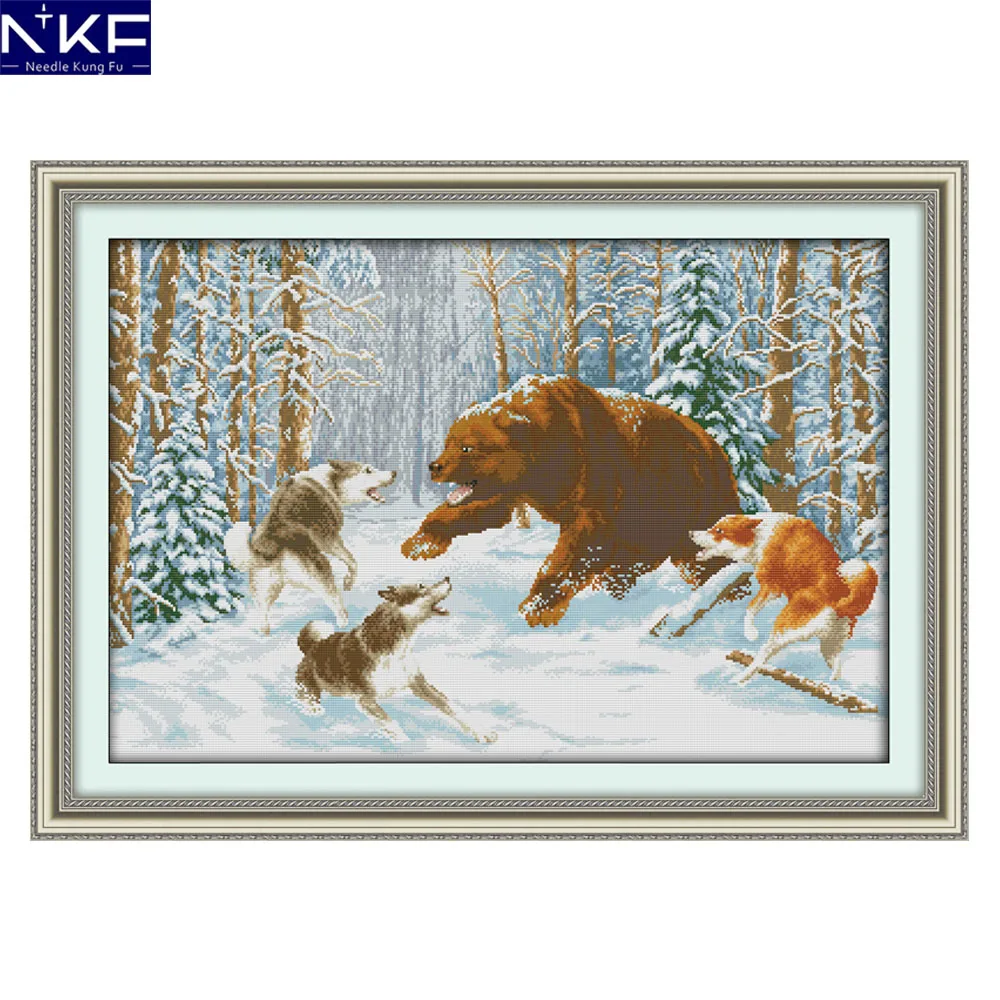 

NKF Wolves and bear in the snow Cross Stitch Handmade Craft Needlework Embroidery Kit Animal Cross Stitching Set for Home Decor