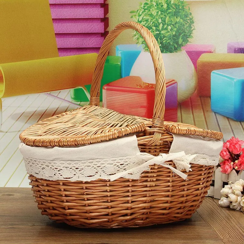 Handmade Willow Wicker Knit Basket Easy Carrying Shopping Picnic Storage Hamper With Lid Handle DIY Home