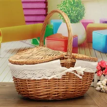 Handmade Willow Wicker Knit Basket Easy Carrying Shopping Picnic Storage Hamper With Lid Handle DIY Home