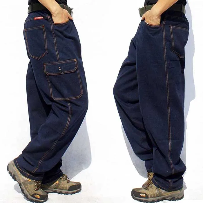 Модные свободные мешковатые джинсы хип-хоп брюки карго мужские повседневные джинсы Мульти большой карман прямые брюки мужская одежда плюс