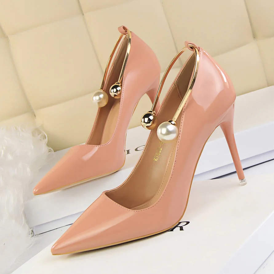 

2018 Fashion Women 9cm High Heels Luxury Pearl Stiletto Scarpins Heels Female Wedding Maroon Pink Pumps Lady Footwear Funky Shoe