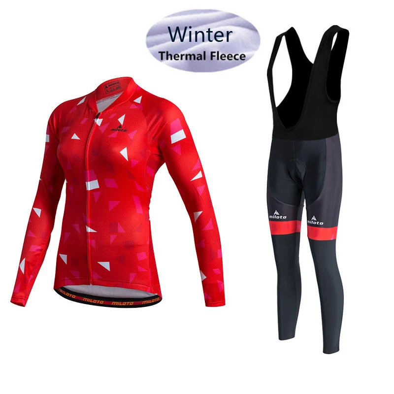 

Winter Thermal Cycling Clothing Women Long Sleeve Fleece Jersey MTB Bike Bicycle Suit (bib) Cycling Pants Red Cycling Jersey Set