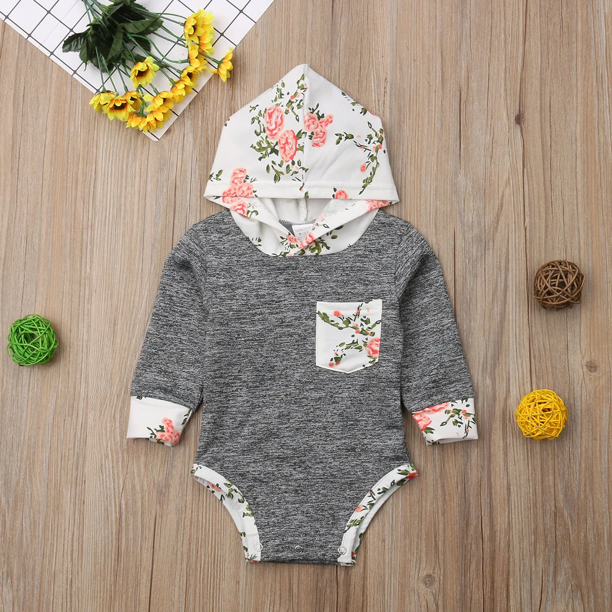 

Newborn Baby Girls Floral Hooded Floral Jumpsuit Bodysuit Outfits Set Clothes