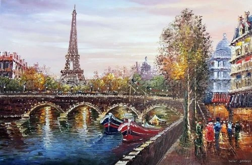 100% hand painted Eiffel Tower Paris Sunset River Seine