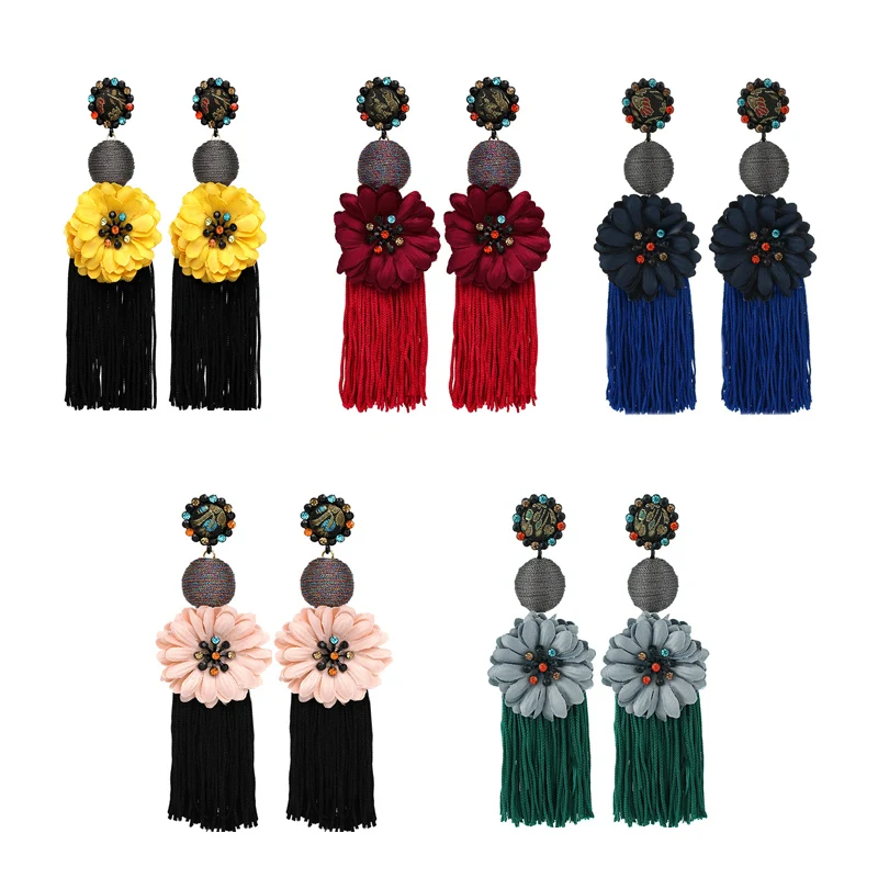

Ethnic Tassel Drop Dangle Earrings Fashion Flower Bohemian Big Long Earrings Black Beige Red For Women Jewelry Fringing