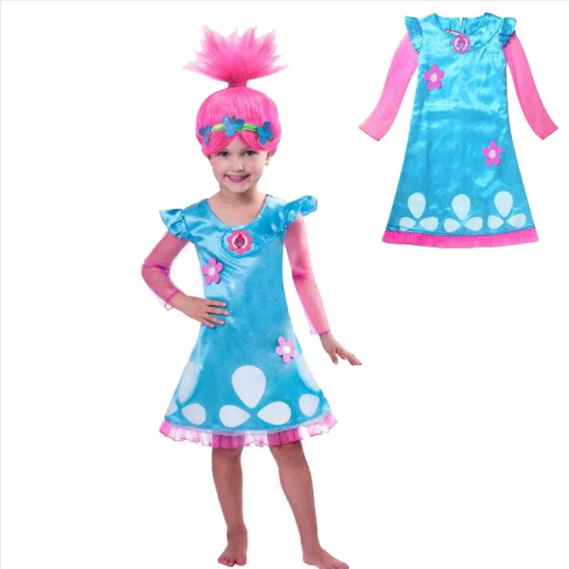 

2018 New Trolls Magic Elf Children Dress Princess Polyester Trolls Dresses For Girls Cosplay Costume Halloween Anime