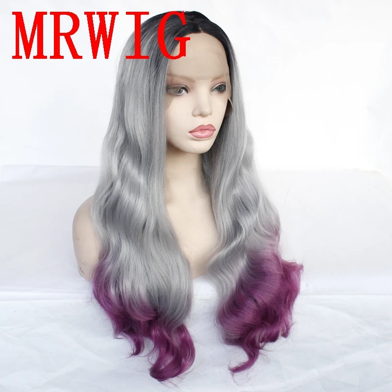 MRWIG длинные вьющиеся 26in настоящие волосы 1b #/серый/фиолетовый средней части термостойкие Волокно синтетический синтетические на кружеве