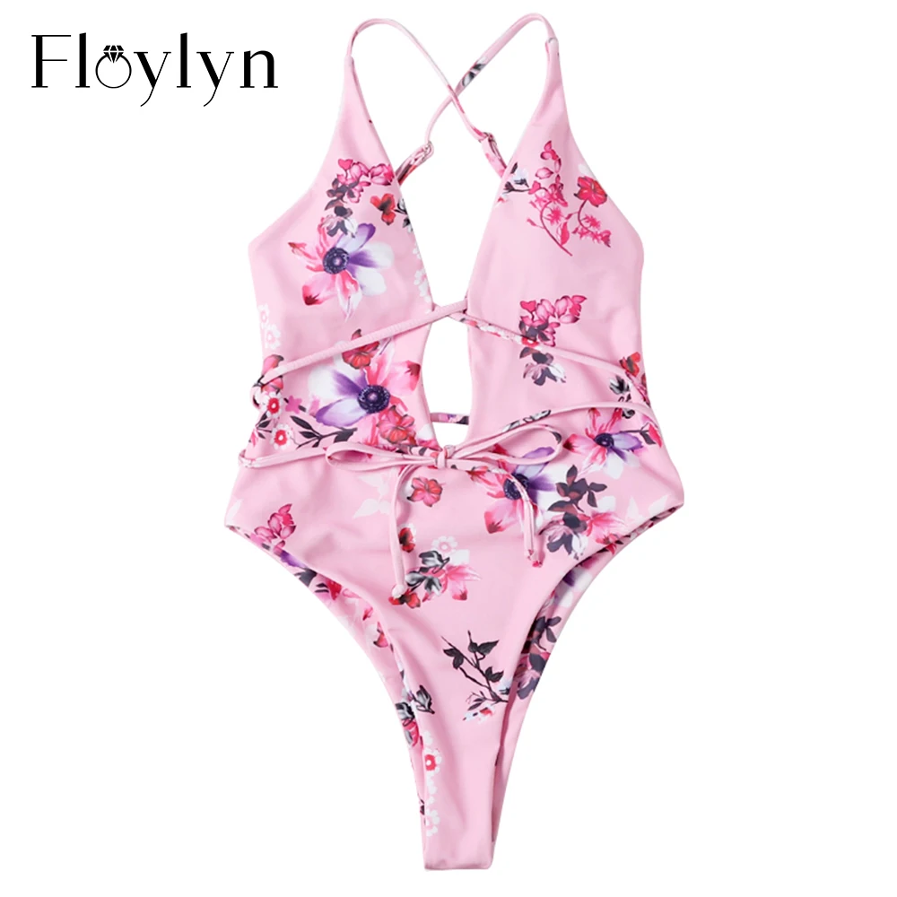 

Floylyn New Floral Print Bikinis Sexy Bandage One Piece Swimsuit Women Push Up Halter Top Bathing Suit Swimwear New Beachwear