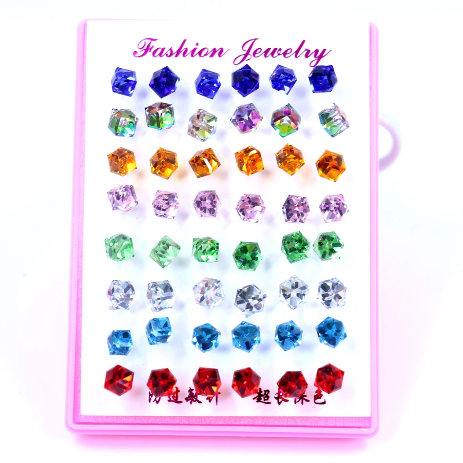 

Factory Fashion Jewelry Random Colors Mix Crystal Cube Design Anti Allergy Plastic Stick Stud Earrings 4mm 6mm 24pairs/lot