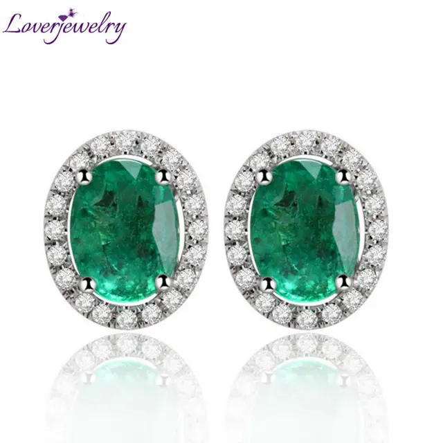 Online Oval 6x8mm Solid 14kt White Gold Diamond Emerald Oval 6x8mm Solid 14kt White Gold Diamond Emerald Earrings Studs Fashion Jewelry In 585 E0053