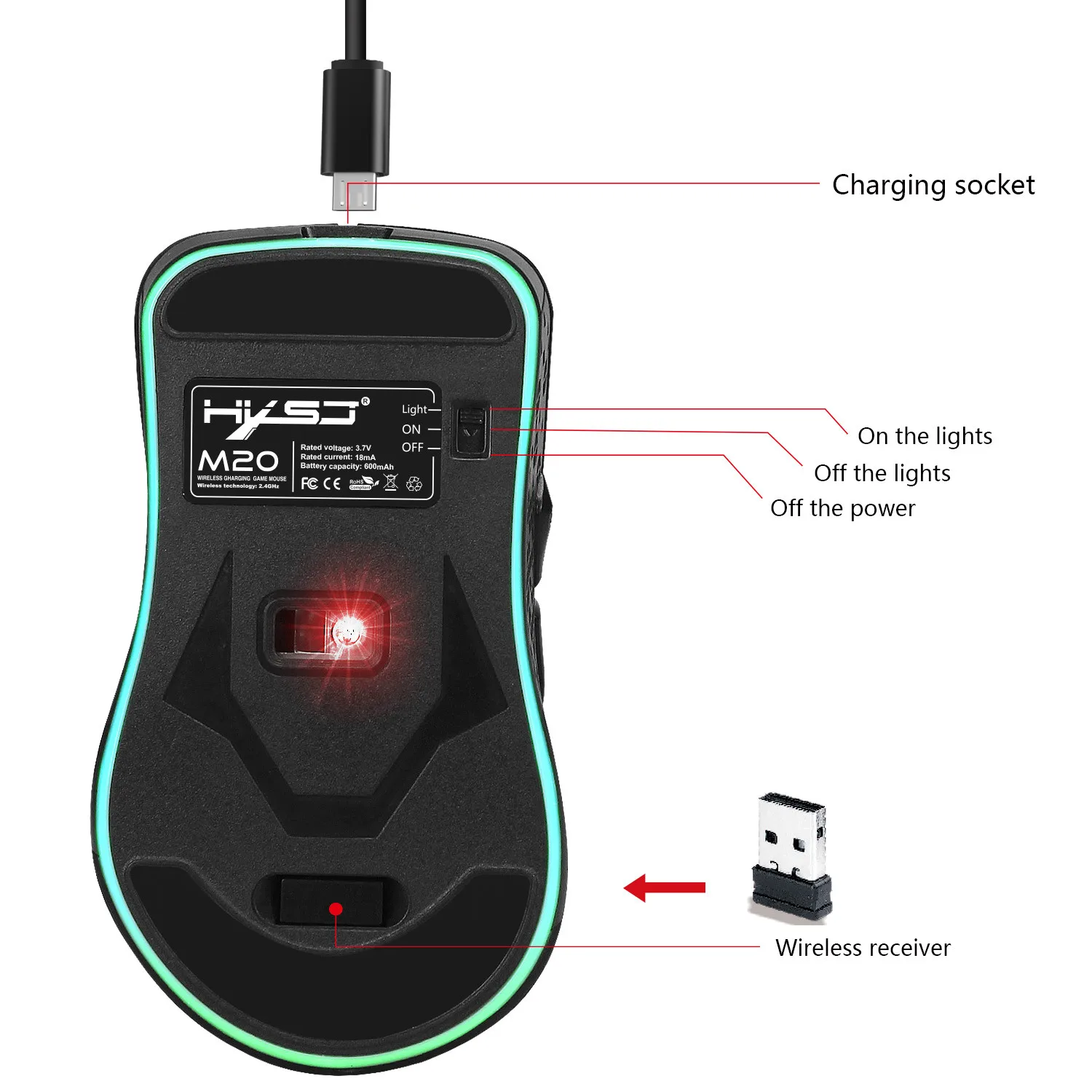 Беспроводная игровая мышь VOBERRY 2400 точек/дюйм регулируемая цветная светящаяся