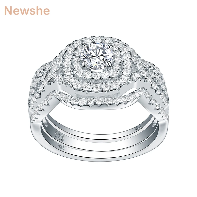 Newshe 3Pcs 925 Sterling Silver Wedding Rings For Women AAA CZ Engagement Bridal Set Classic Jewelry Size 5-12 afbeelding