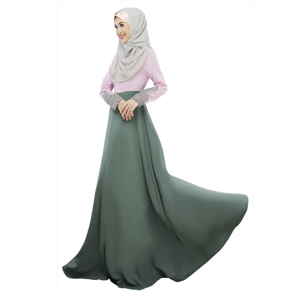 Длинные Абая платье повседневное женские мусульманские платья Один Слои длинная юбка манжеты кружево Цвет соответствия Хуэй поклонение