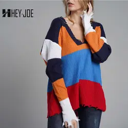 Эй Джо Новый Для женщин свитера пуловеры бахромой V шеи в радужную полоску Jumper Трикотаж модная разноцветная Цвет свитер для повседневной