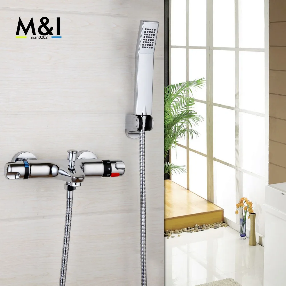 

YANKSMART Bathroom Wall Mounted Thermostatic Faucets Set Polished Chrome Mixer Tap Shower Set Rain Bathtub Faucets Set