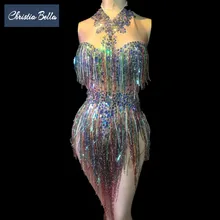 Кристиа Белла Bling Стразы боди для женщин сценические костюмы для ночного клуба с кисточками комбинезон сексуальные наряды для певицы представление